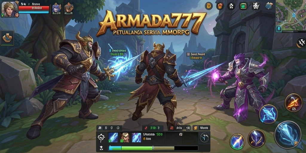 Screenshot utama <strong>ARMADA777</strong> menunjukkan pertarungan seru dalam gameplay MMORPG.