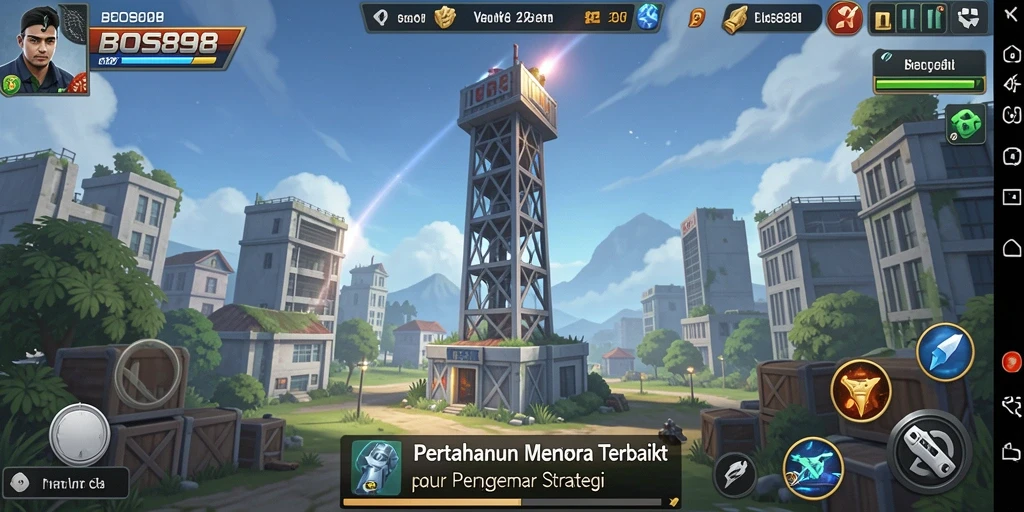 Tangkapan layar main BOS898 menampilkan aksi pertahanan menara yang seru.