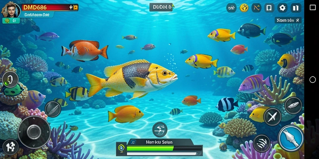 Screenshot DMD686 menunjukkan aksi seru menembak ikan.