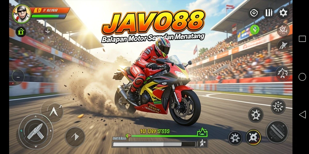 Tampilan gameplay balapan motor di JAVO88 yang seru dan mendebarkan.