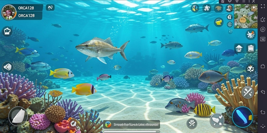 Tangkapan layar utama ORCA128 menampilkan aksi eksplorasi laut yang seru.