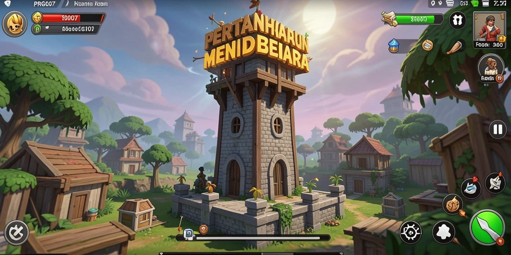 Screenshot gameplay PRG007 menampilkan menara yang siap bertempur melawan gelombang musuh.