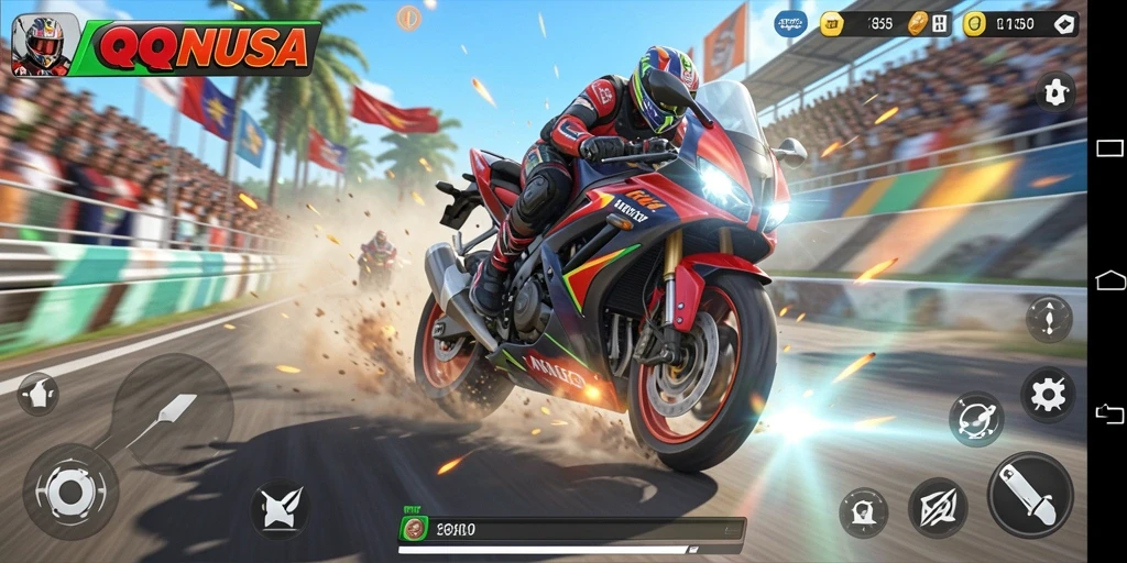 Tangkapan layar gameplay QQNUSA menampilkan balapan motor yang intens dan penuh aksi.