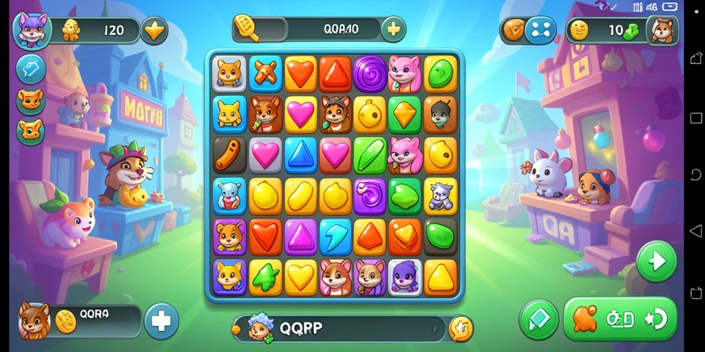 Gameplay QQRP dengan elemen match-3 yang berwarna-warni.