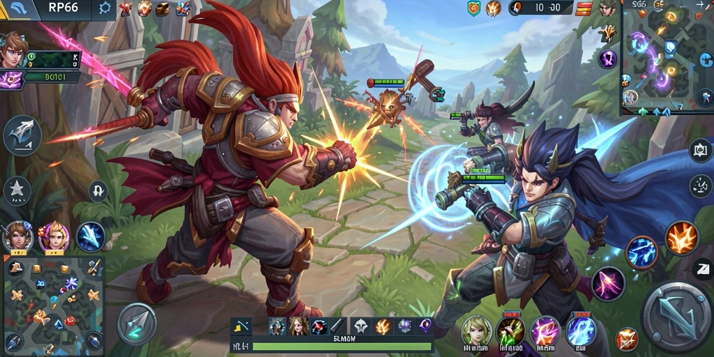 Screenshot utama RP66 menampilkan aksi seru dalam pertarungan tim MOBA.