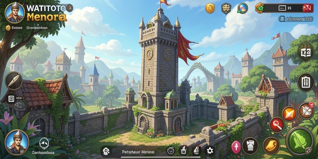 Screenshot gameplay WATITOTO menampilkan serangan menara melawan musuh.